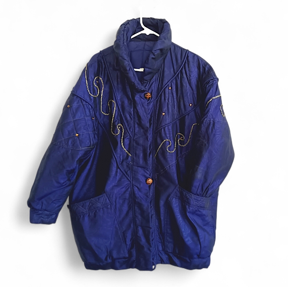 Vintage Blue Quilted Puffer Jacket Gold Metallic Embroidery 80s Western Ski Wear